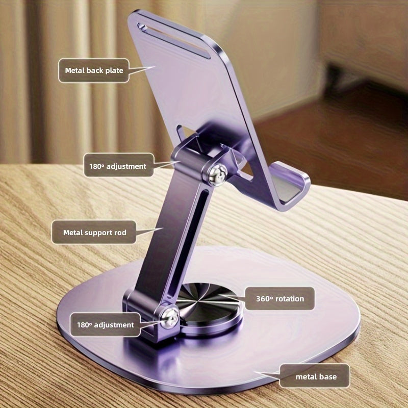 Aluminum Alloy Phone Stand - Waterproof, 360° Rotating Desk Mount with 2-Stage Adjustable & Foldable Design for Office and Bedstand Use
